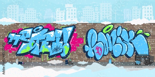 Winter Colorful Streetart Graffiti Wall Against The Background Of The Cityscape Vector Illustration