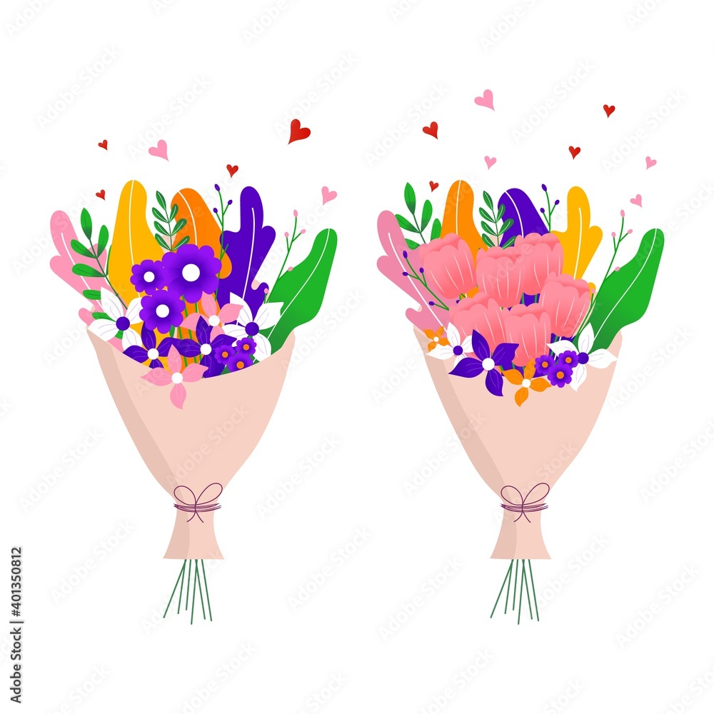 Bouquet of spring wild and garden tulip blooming flowers with other decor elements isolated on white background. Flat design. Paper cut style. Hand drawn trendy vector greeting card.