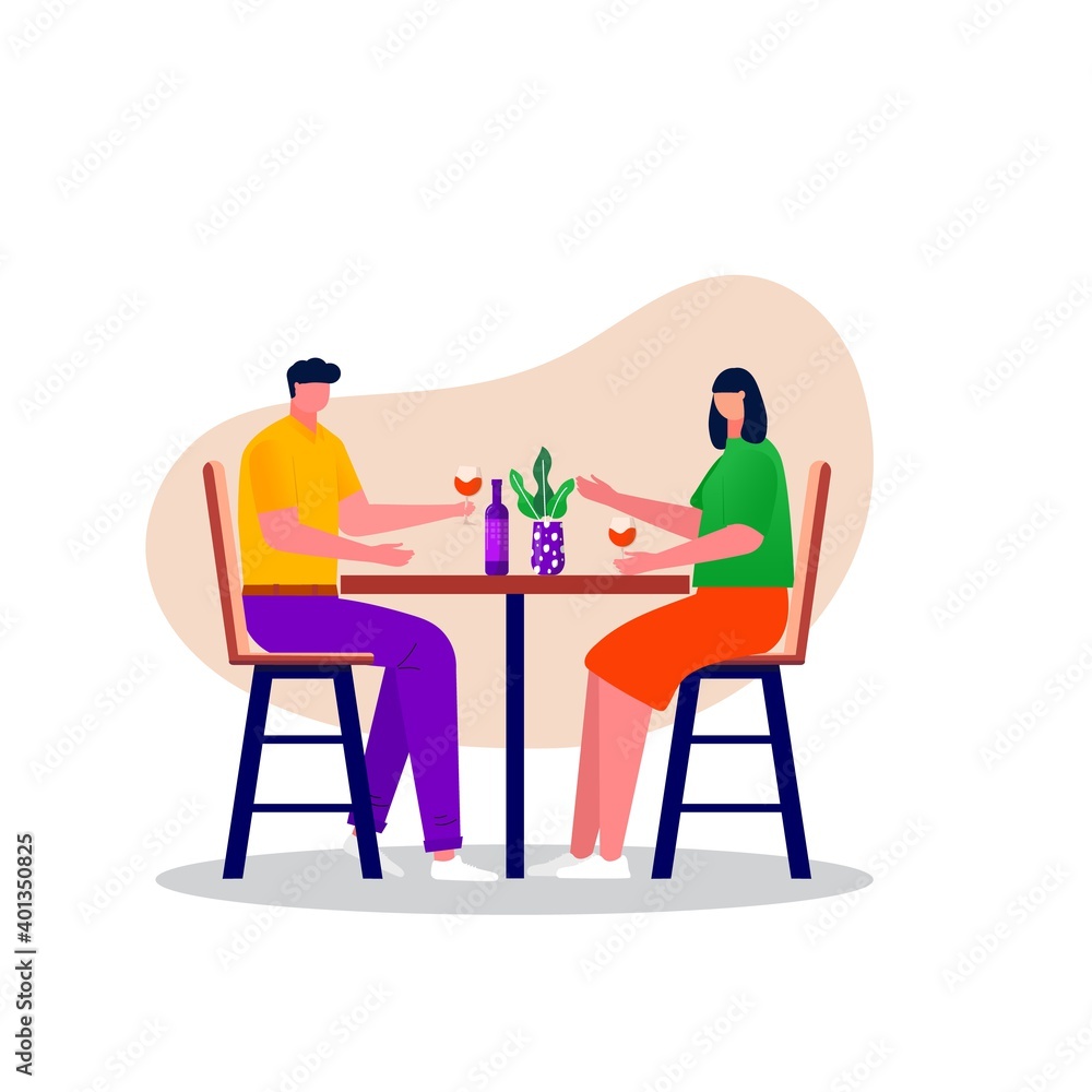 Men and women sitting in the restaurant. Happy family celebrating Valentine's day. couple have a date. Husband and wife enjoying home entertainment. Vector flat interior illustration