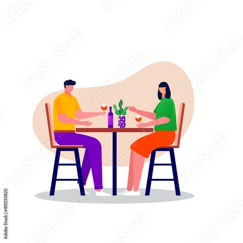 Men and women sitting in the restaurant. Happy family celebrating Valentine s day. couple have a date. Husband and wife enjoying home entertainment. Vector flat interior illustration