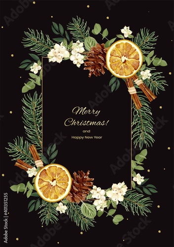 Christmas or New Year greeting card with spruce, snowberry, pine cones, dried slices of orange, cinnamon and golden confetti. Vertical invitation on a black background. Stock vector illustration.