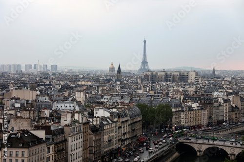 Urban landscape of central Paris from the observation deck of Notre Dame Cathedral in May before the fire. © okyela