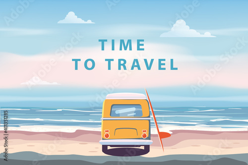 Summer Vacation Poster Time To Travel. Beach camping van, bus with surfboard seascape palms, ocean. Vector illustration retro, vintage, illustration