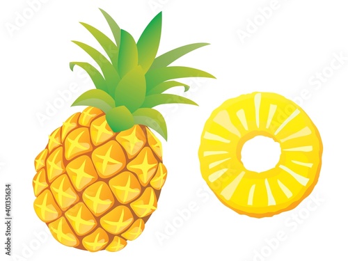 丸ごとと輪切りにカットされた黄色いパイナップルのイラスト