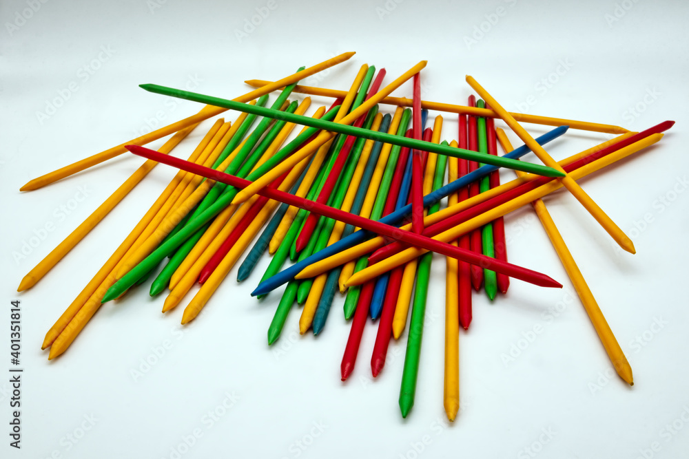 Game of Mikado, Shangai game. Colored plastic sticks isolated on white  background. Stock Photo