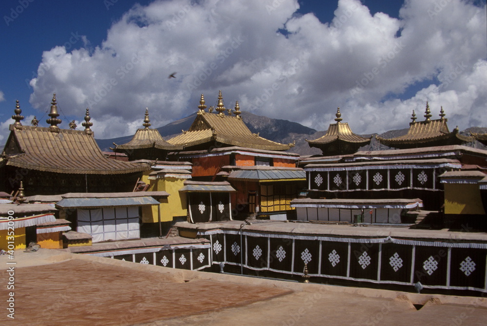 Close up of Potala Palace with golden roof and  Interior in Lhasa, Tibet, China.