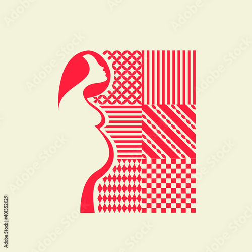 Beautiful pregnant lady with long, wavy hair flowing.Mother vector icon.Maternity illustration  and geometric patterns isolated on light background.Profile view woman.