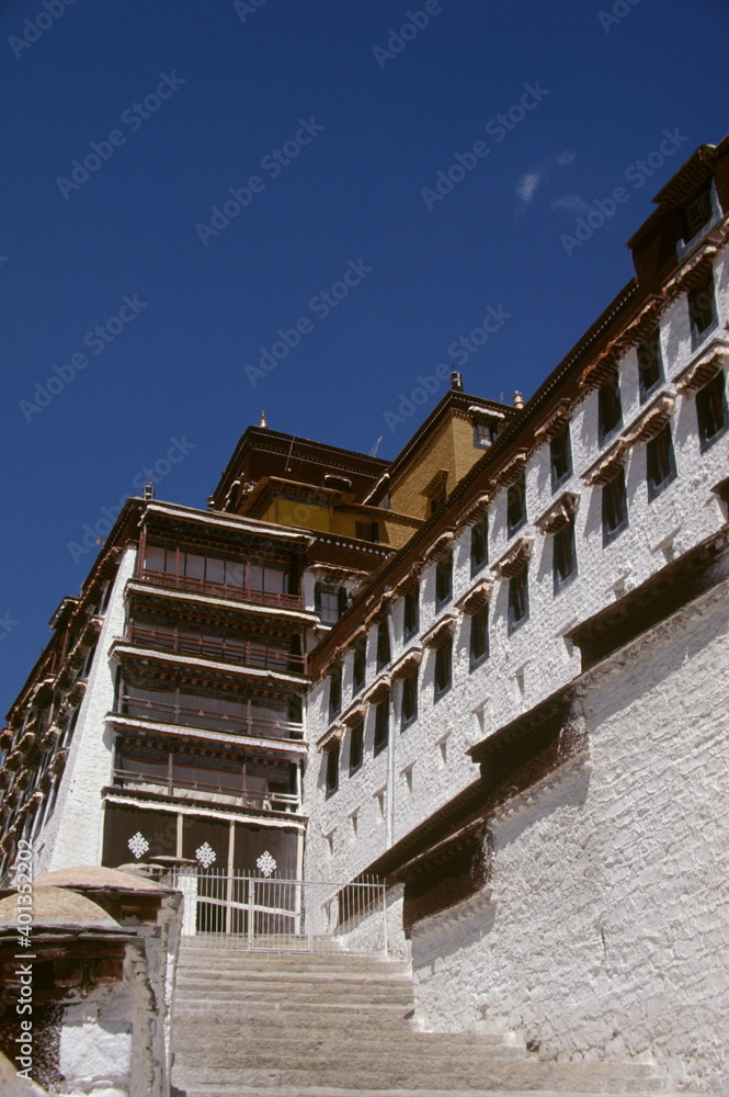 Close up of Potala Palace with white wall and steps in Lhasa, Tibet, China. Close up of Potala Palace with white wall and steps in Lhasa, Tibet, China.