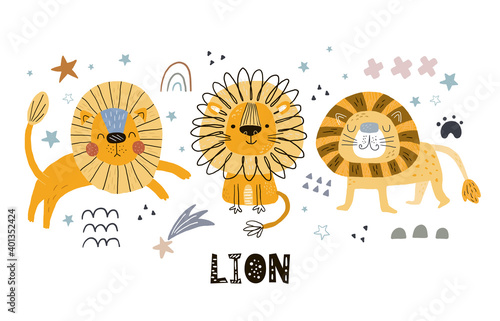 Funny cute scandinavian lion cartoon style. Vector print with lion. Printable templates. vector print. Perfect for kids apparel, poster, baby shower card. Vector illustration