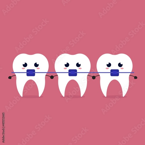 Teeth with braces in kawaii style.