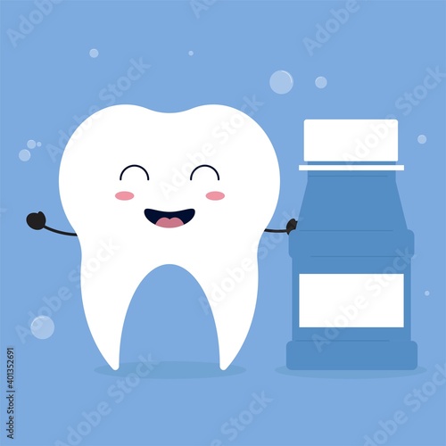 Cute tooth with mouth wash bottle. Dental and oral hygiene.