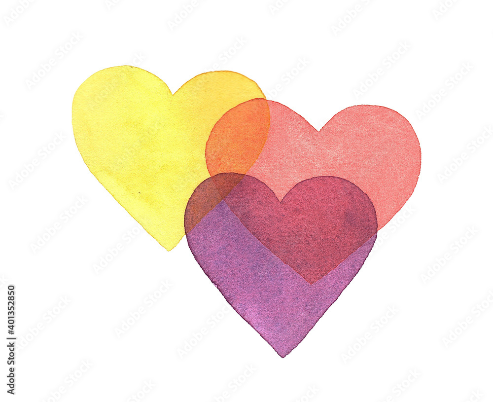 Obraz premium Hand drawn three hearts on a white background. Watercolor illustration. Valentine's day. Romantic watercolor design elements.