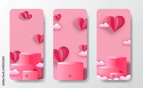 social media stories banner greeting card for podium stage product display valentine's day with heart shape paper cut style illustration and soft pink background