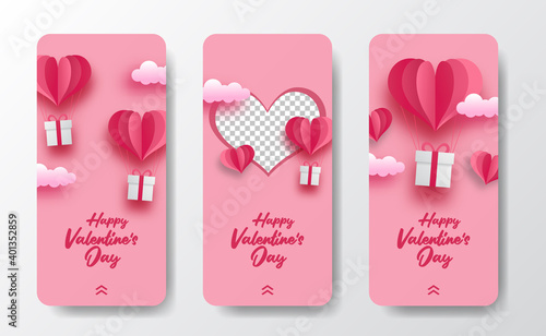 social media stories banner greeting card for valentine's day with paper cut style illustration and soft pink background