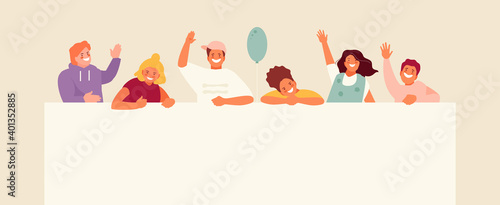 Happy children at the blank poster. Advertising and message vector template