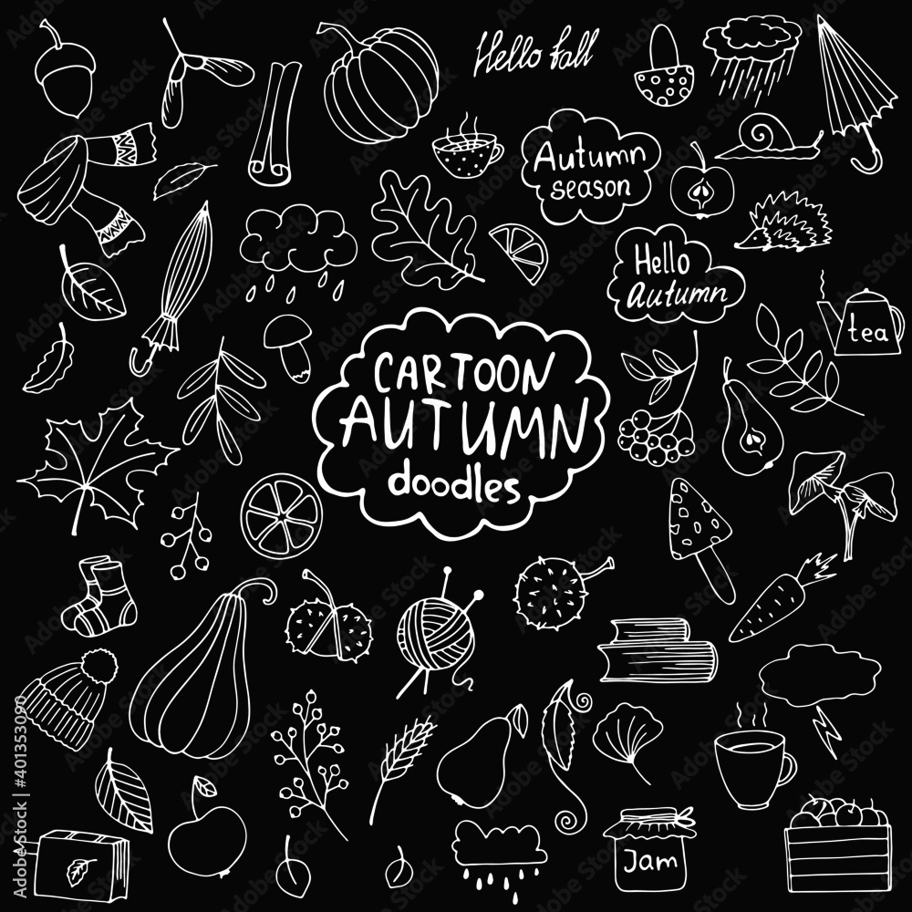 Fototapeta premium vector illustration, autumn doodle elements, stickers in white, isolate on black background