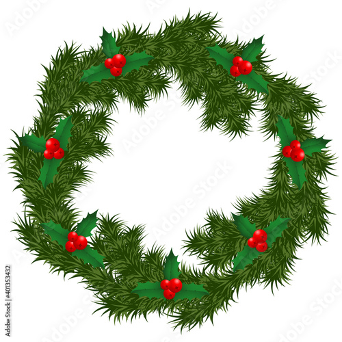 Vector Christmas illustration with Christmas symbol - Christmas wreath made of fir branches decorated with holly leaves and berries..