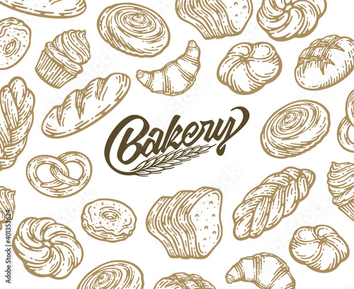 Card design with ink hand drawn baking illustration. Vintage template with bread and pastries doodle sketch.