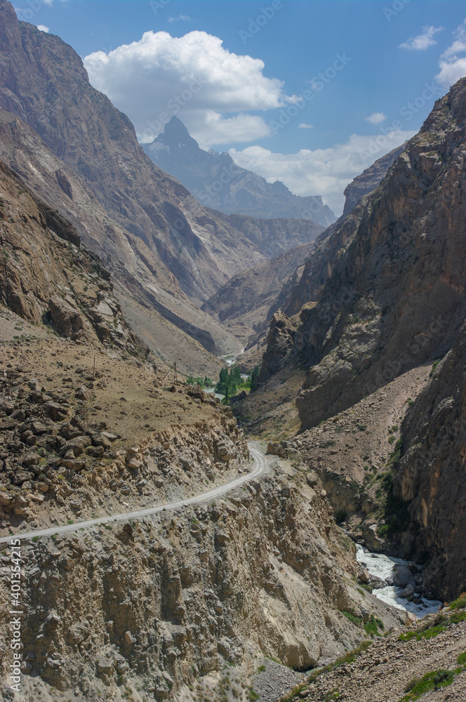 Impressive view of the narrow gorge entrance to beautiful and remote Yaghnob valley in Sughd province, Tajikistan