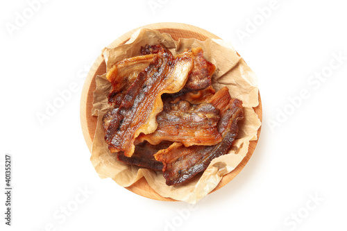 Tasty fried bacon isolated on white background
