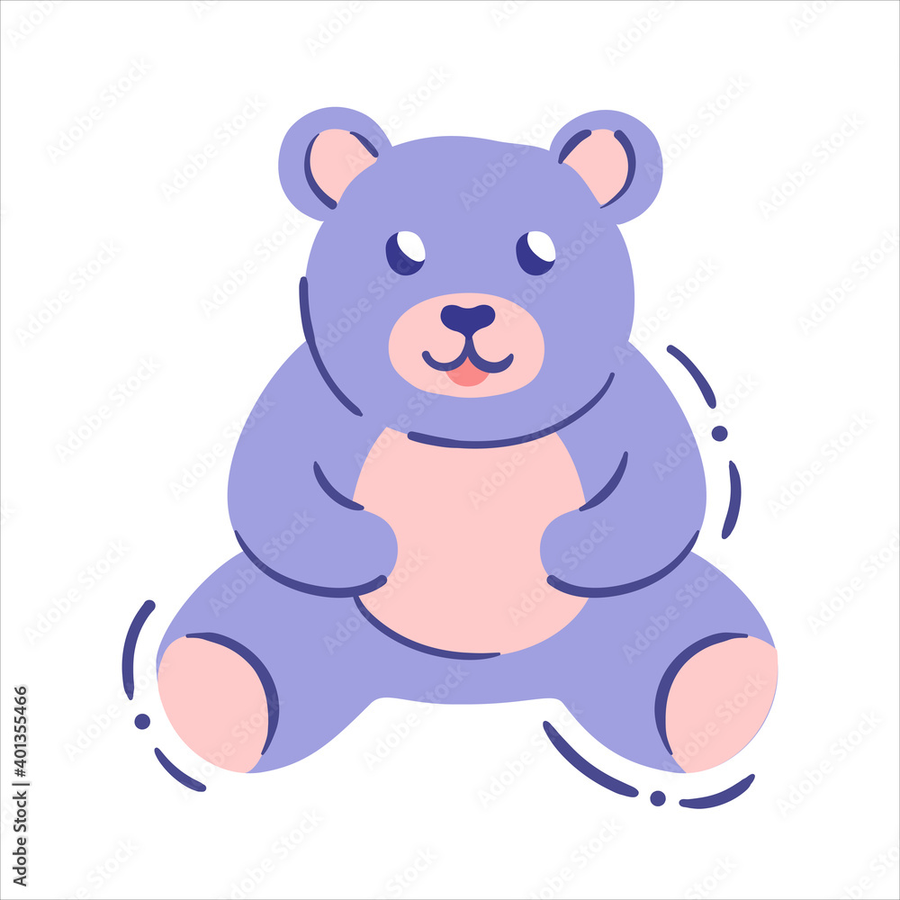 Cute teddy bear - isolated vector illustration. Toddler soft toy - single clipart, object on white background. Lilac and coral palette Cute teddy bear - isolated vector illustration. Toddler soft toy - single clipart, object on white background. Lilac and coral palette