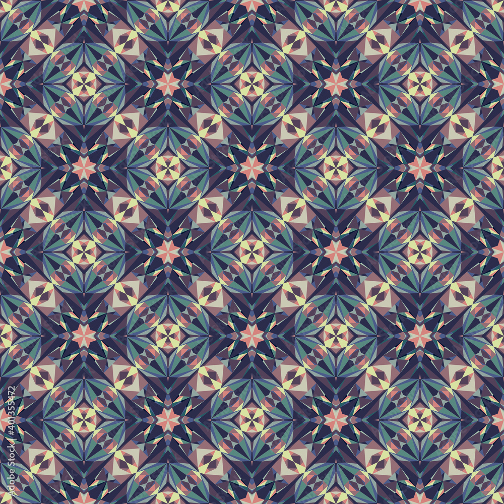 Geometric seamless pattern, ornament, abstract colorful background, fashion print, vector texture for textile, fabric, decoration.