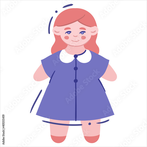 Cute ragdoll in dress - isolated vector illustration. Toddler toy doll - single clipart, object on white background. Lilac and coral palette