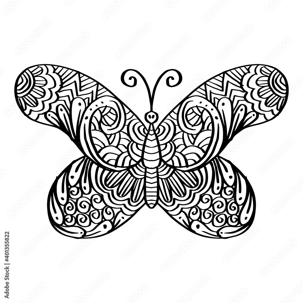 Hand drawn butterfly zentangle for t-shirt design