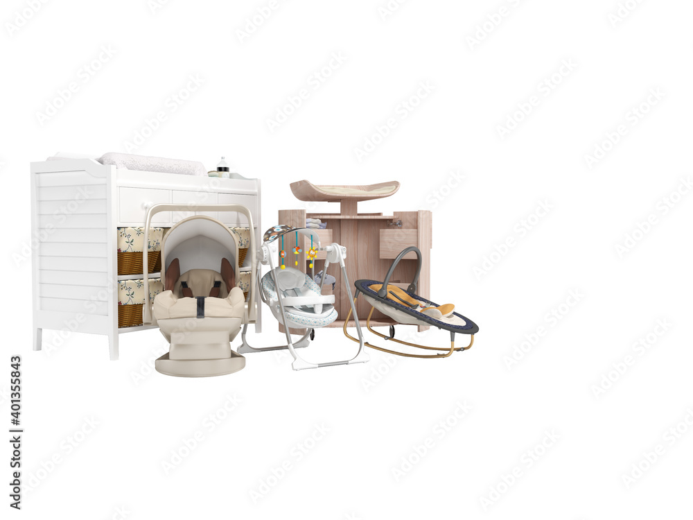 3d rendering of the concept of rocking chair for children car seat and changing table on white background no shadow 3d rendering of the concept of rocking chair for children car seat and changing table on white background no shadow