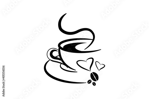 cute cartoon coffee cup with hot coffee outline design with coffee beans, saucer, round bottom cup vector icon for café backgrounds, menu covers illustration.   
