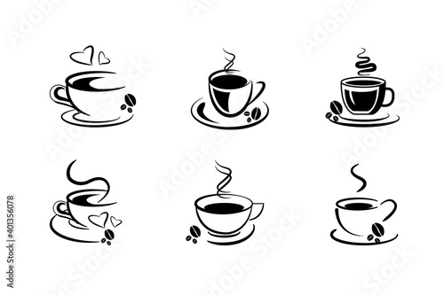 set of cute cartoon coffee cups with hot coffee outline and stroke design with coffee beans round bottom cups vector icons for menu covers, backgrounds illustration. 
