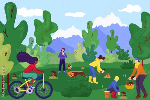 Mushroom harvest at outdoor forest, vector illustration. Cartoon people character leisure at nature, flat man woman picking mushroom. Fall lifestyle activity, autumn hobby for young person.