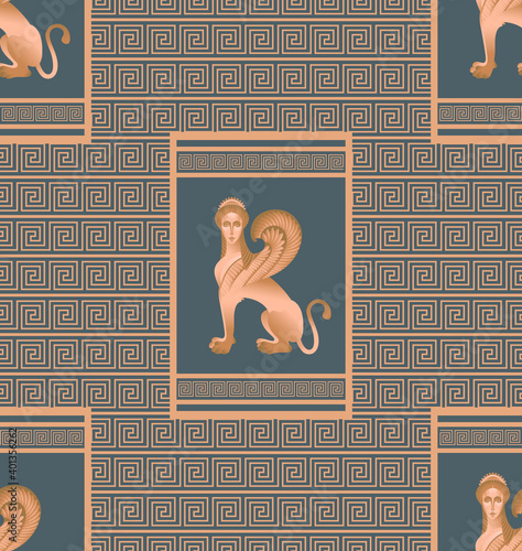 Sphinx. The image of a mythological creature with a woman's head, the body of a lion and the wings of an eagle. Stylization for the culture of Greece. Vector graphics. Seamless pattern