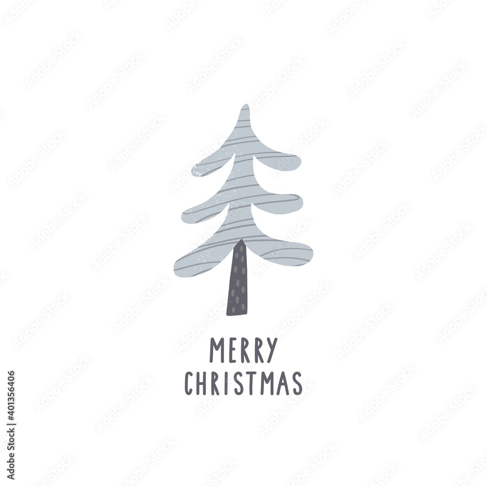 Hand drawn Merry Christmas print 2020. Vector print for Christmas cards with Hand drawn winter tree, house and texture. 