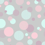 Geometric seamless pattern with circles, stripes, dots. Blue, pink and purple circles on gray background. Fabric swatch for bed linen, children's clothing. Pastel colored print. Vector illustration.