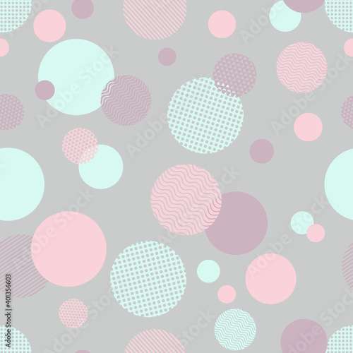 Obraz na płótnie Geometric seamless pattern with circles, stripes, dots. Blue, pink and purple circles on gray background. Fabric swatch for bed linen, children's clothing. Pastel colored print. Vector illustration. w salonie