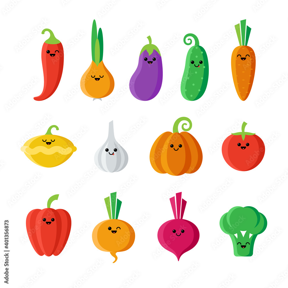 Set of isolated cartoon vegetables with kawaii face on white background. Collection of colorful friendly vegetables. Cute funny personage. Flat design. For children product. Set of isolated cartoon vegetables with kawaii face on white background. Collection of colorful friendly vegetables. Cute funny personage. Flat design. For children product.