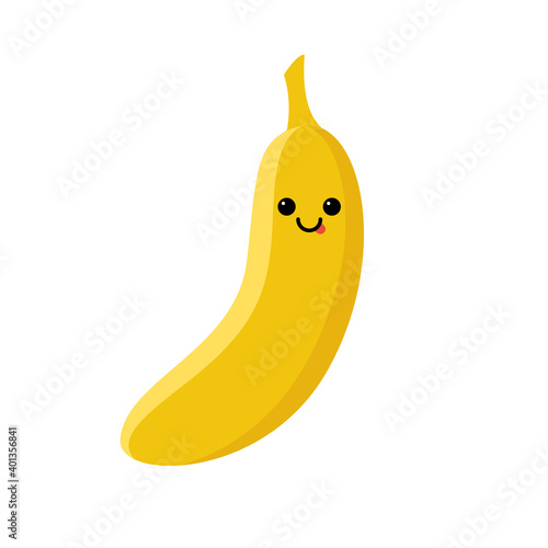 Isolated cartoon yellow banana with kawaii face on white background. Colorful friendly banana fruit. Cute funny personage. Flat design. For children product.