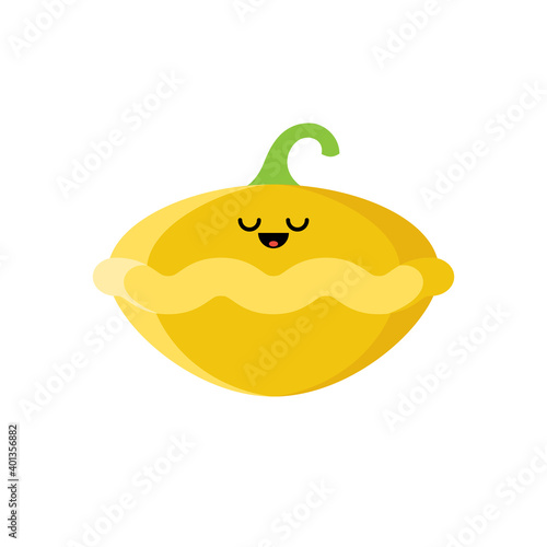 Isolated cartoon yellow patisson with kawaii face on white background. Colorful friendly pattypan squash vegetable. Cute funny personage. Flat design. For children product.