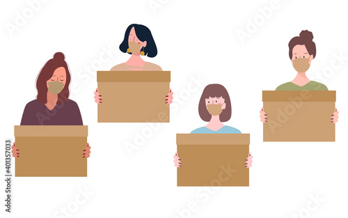 women character set collection use mask holding box sadness white isolated background loss job because corona pandemic concept with flat cartoon style