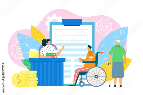 Financial benefits with document form, vector illustration. Disability people protection, pension for retirement. Man at wheelchair, old person get social money income cartoon design.