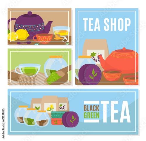 Tea cup at shop banner, vector illustration. Graphic mug with drink, vintage ...