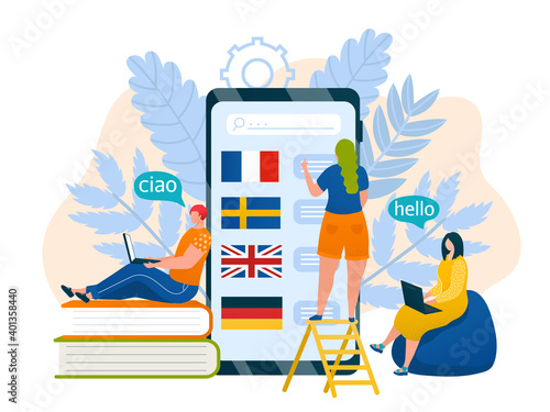 Smartphone technology with language, vector illustration. Study english, spanish, french online by flat education at internet course. Student translate at lesson, communication at foreign language.