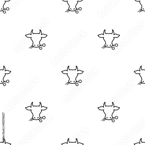 Seamless ornament with cow head with flowers pattern. Farm Animal.