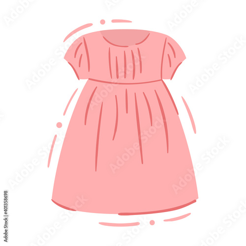 Casual baby girl pink dress with fluffy skirt - isolated vector illustration. Cute kids dress. Casual or party baby clothing, single clipart. Infant fashion - object of kid wardrobe