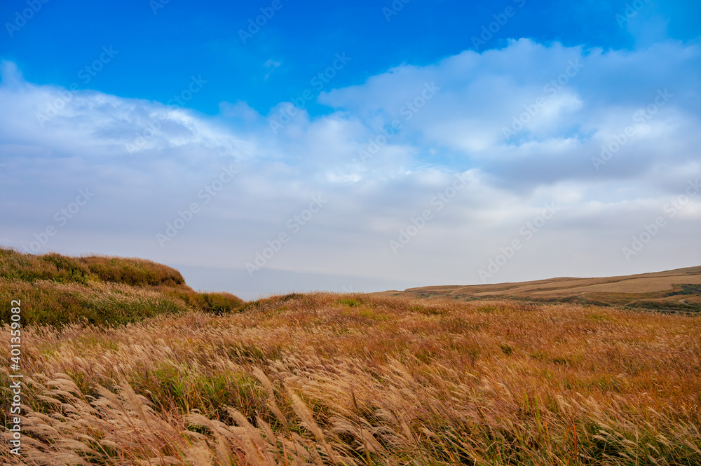 Fototapeta premium 秋のミルクロードから見る阿蘇市街と阿蘇五岳