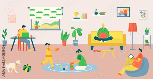 Family work at home, freelance by computer vector illustration. Mother father people freelancer use laptop, flat child play at room. Flat man woman work in internet, job lifestyle.
