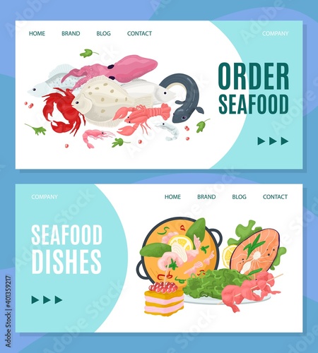 Seafood online web shop, order from restaurant vector illustration. Internet fresh fish delivery design banner, fast business service landing page. Dinner menu at website template banner.