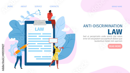 Anti-discrimination law concept, man woman protest website, vector illustration. Male female people rights, salary and gender equality symbol. Protest to cartoon unequal landing page banner.