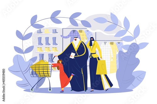 Muslim family in hijab shopping, vector illustration. Arabic people buy clothes in flat supermarket background design. Cartoon man woman character follow religion and national rules together.